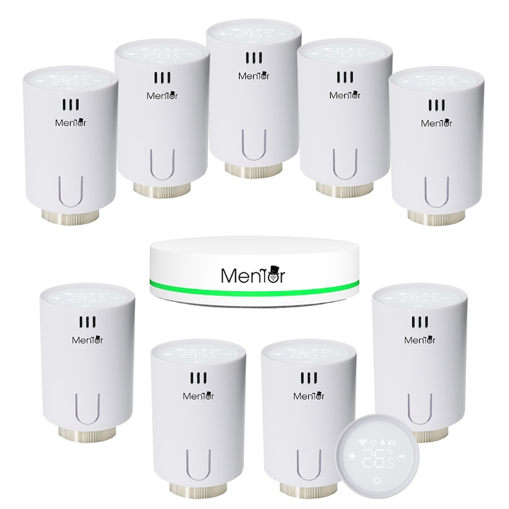 Kit Cap Termostatic si HUB inteligent pentru calorifer Mentor TSZB901 9.1 ZigBee 3.0 LCD, programabil, functie fereastra deschisa, anti-inghet, control parental, compatibil Google Home, Alexa si Apple HomeKit Siri
