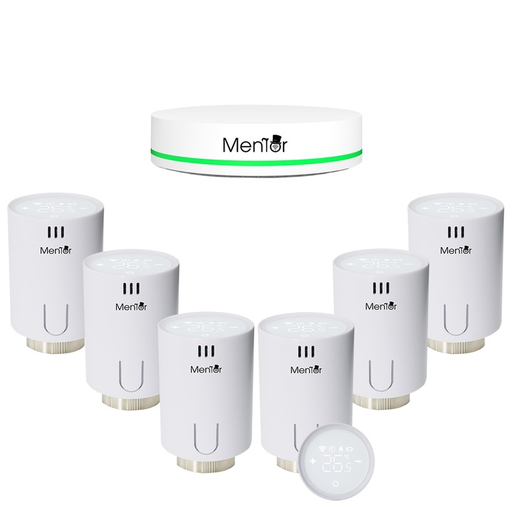 Kit Cap Termostatic si HUB inteligent pentru calorifer Mentor TSZB601 6.1 ZigBee 3.0 LCD, programabil, functie fereastra deschisa, anti-inghet, control parental, compatibil Google Home, Alexa si Apple HomeKit Siri