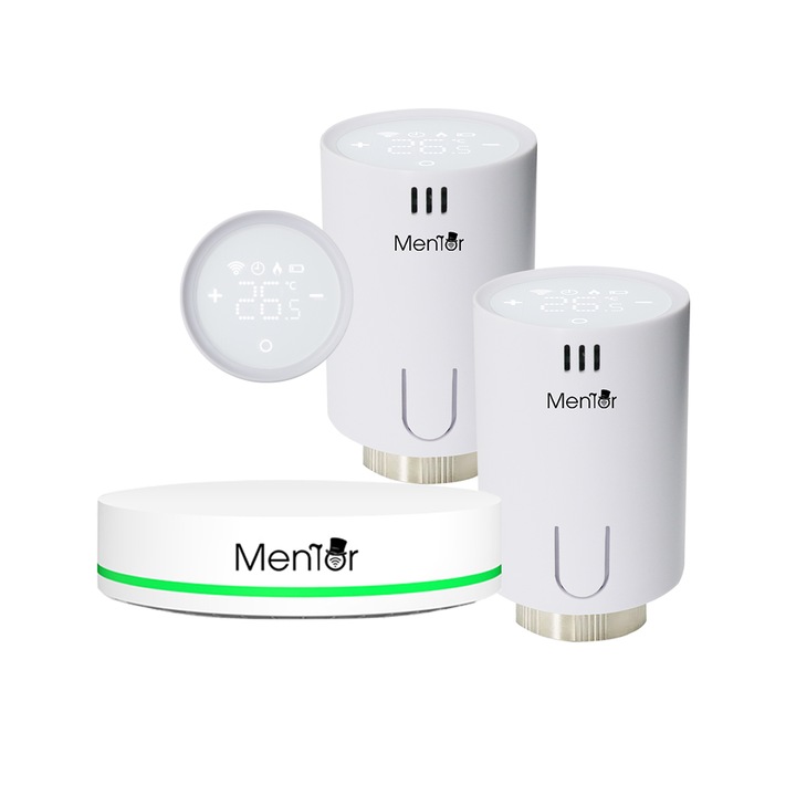 Kit Cap Termostatic si HUB inteligent pentru calorifer Mentor TSZB201 2.1 ZigBee 3.0 LCD, programabil, functie fereastra deschisa, anti-inghet, control parental, compatibil Google Home, Alexa si Apple HomeKit Siri