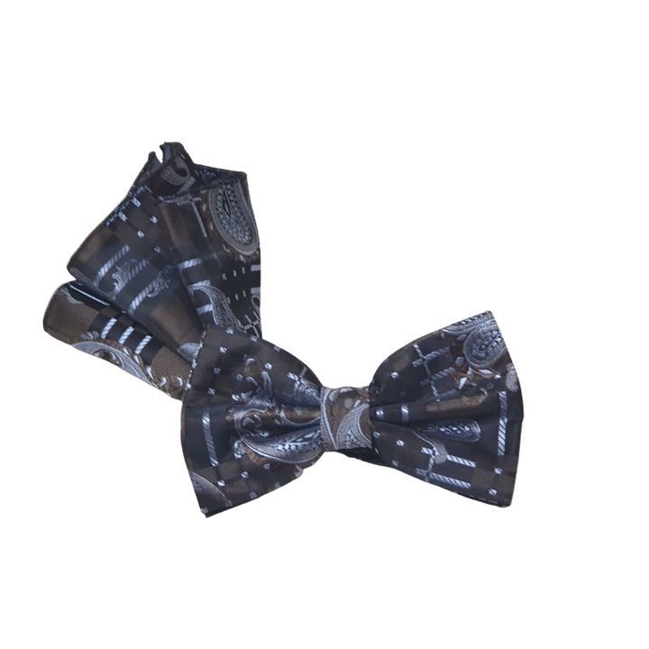 Set 1 Papion clasic paisley, Onore, argintiu, microfibra, 12 x 7 cm si 1 Batista, microfibra, 21.5 x 21.5 cm