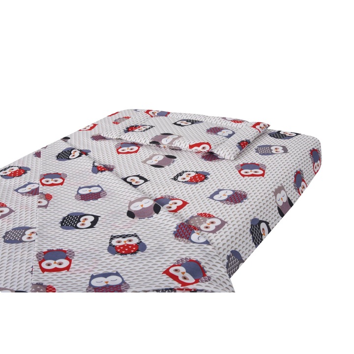 Lenjerie patut bebe, SomnART, cearceaf pat 60x120x10 cu elastic, cearceaf pilota 80x110, perna joasa 20x35, Bufnite Mici