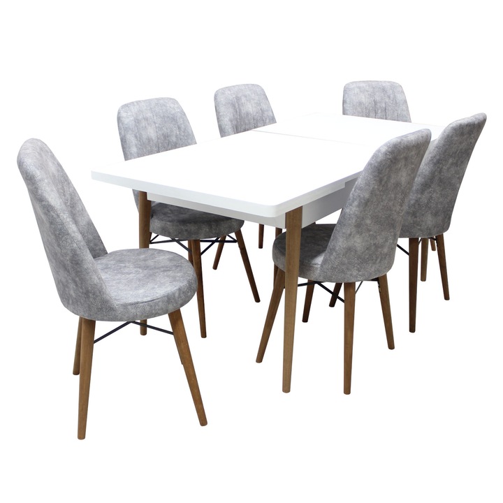 Set masa extensibila Aris Alb cu 6 scaune Apollo, dreptunghiulara, blat din PAL laminat, picioare maro, tapiterie din material textil, alb/gri deschis, 130x78x80 cm