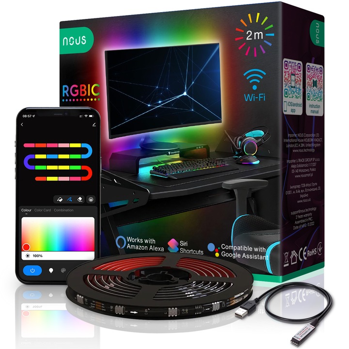 Banda LED RGBIC inteligenta pentru TV Nous F9, Wi-Fi, USB, control vocal, 2m