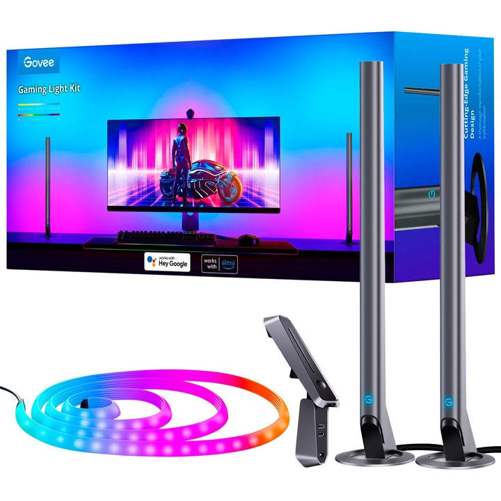 Set Banda LED + Lampa LED Govee H604A TV DreamView G1 Pro Gaming RGBIC pentru monitor, Camera 1080p HD, lumina colorata
