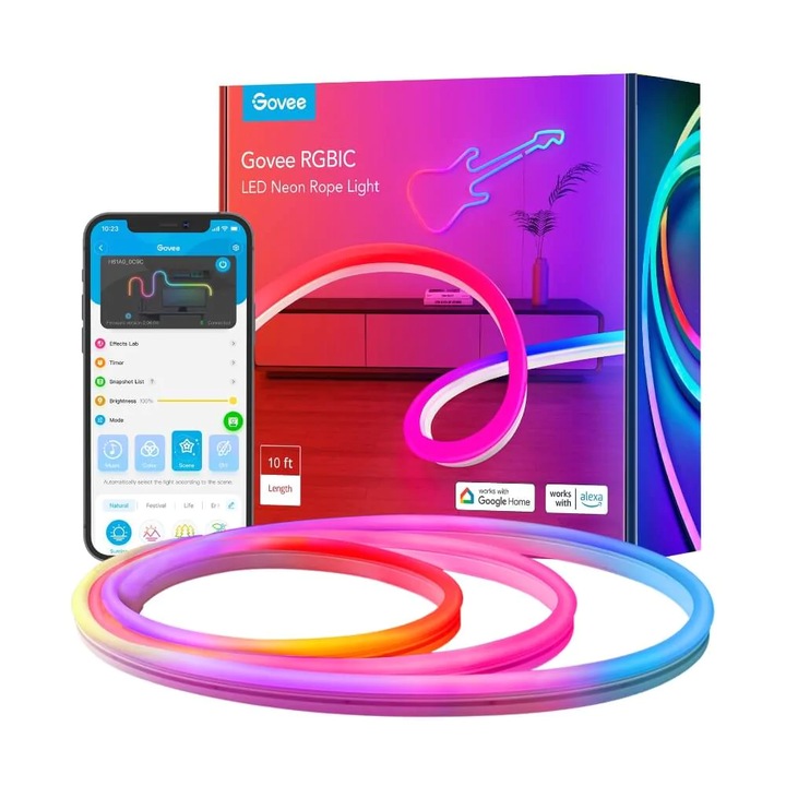 Смарт Neon RGBIC LED лента Govee H61A2, Wi-Fi, Синхронизация на музика, Цветна светлина, IP67, Amazon Alexa/Google Assistant, 5 м