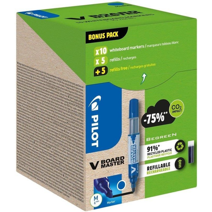 Táblamarker, 2,3 mm, kúpos, PILOT "V-Board Master, Bonus Pack", kék + betét