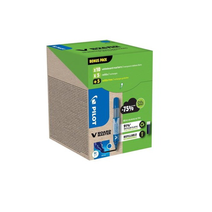 Pachet Begreen VBoard, 10 markere si 10 rezerve, varf rotund, Pilot, Albastru