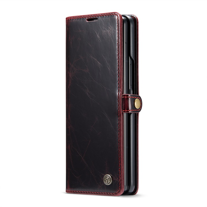 Husa pentru Samsung Galaxy Z Fold4, piele fina, tip portofel, stand, inchidere magnetica, CaseMe, culoare Rosu inchis