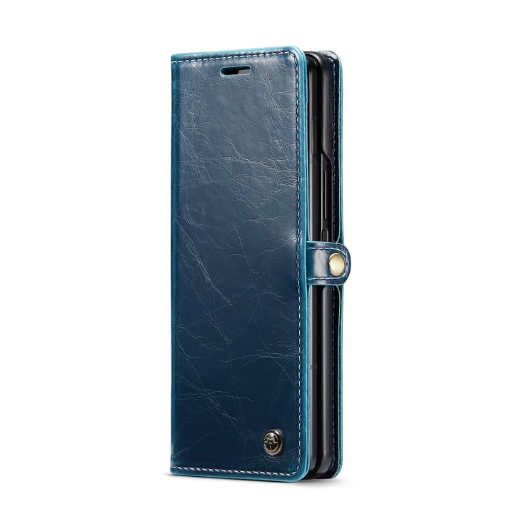 Калъф за Samsung Galaxy Z Fold4, фина кожа, тип портфейл, стойка, магнитно закопчаване, CaseMe, син цвят