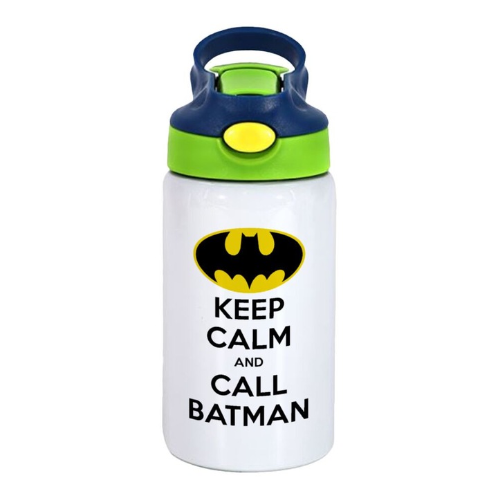 Termos Keep Calm & Call Batman, Pentru copii, Inox, 350 ml, Capac Verde/Albastru