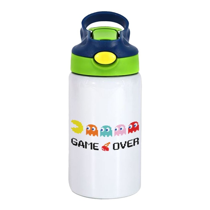 Termos Pac-Man Game Over, Pentru copii, Inox, 350 ml, Capac Verde/Albastru