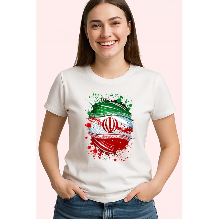 Tricou Iran Steag Splash Art, Dama, 100% bumbac, Cri-Flo, Culoare Alb, Marime L
