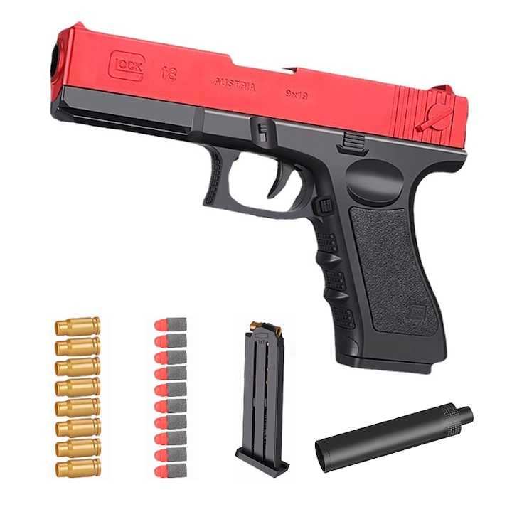Пистолет играчка с мек куршум, Ръчно зареждане, Черен/Червен