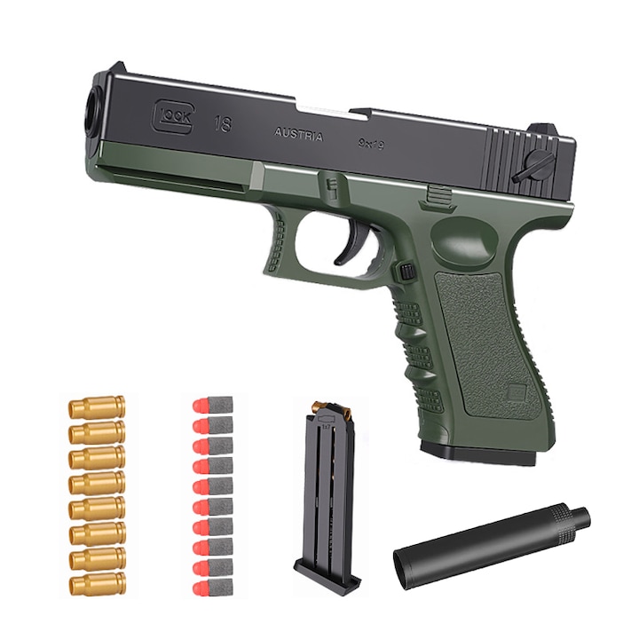 Пистолет играчка, С мек куршум, Ръчно зареждане, Черен/Зелен