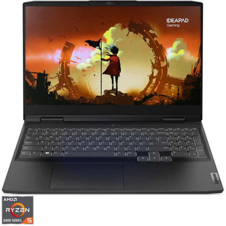 Laptop Gaming IdeaPad Gaming 3 15ARH7 cu procesor AMD Ryzen™ 5 6600H pana la 4.50 GHz, 15.6" Full HD, IPS, 16GB, 512GB SSD, NVIDIA GeForce RTX 3050 Ti 4GB, No OS, Onyx Grey