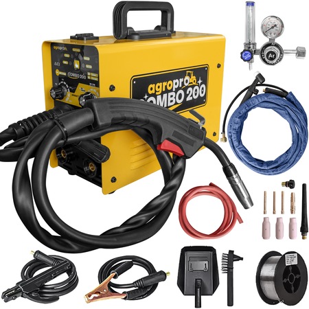 Aparat sudura AgroPro Combo 200, tip invertor, functie MIG-MMA-TIG, amperaj 160A, 220V, electrod 1.6-3.2mm, rola sarma 0.8mm 1Kg, accesorii incluse, kit TIG, regulator gaz