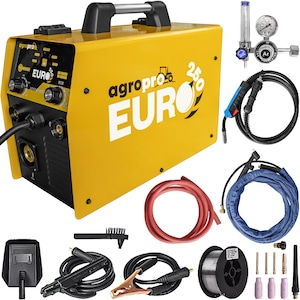 Aparat sudura AgroPro Euro 250, tip invertor, functie MIG-MMA-TIG, amperaj 200A, 220V, electrod 1.6-4mm, rola sarma 0.8mm 1Kg, accesorii incluse, kit TIG, regulator gaz