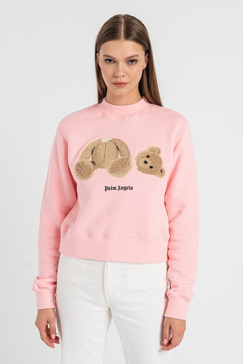 PALM ANGELS, Bluza sport din bumbac cu aplicatie din material terry Bear, Negru/Roz pastel/Maro deschis