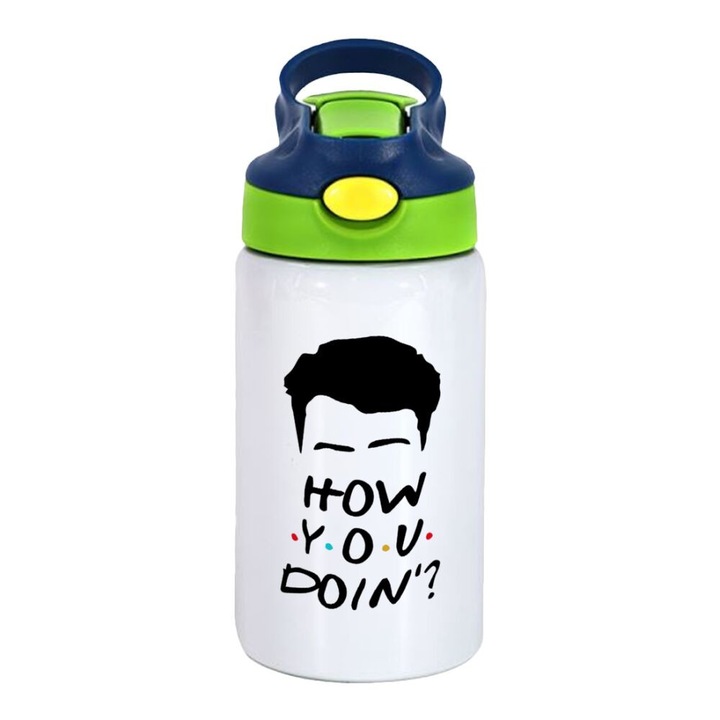 Termos Friends - How you doin'?, Pentru copii, Inox, 350 ml, Capac Verde/Albastru