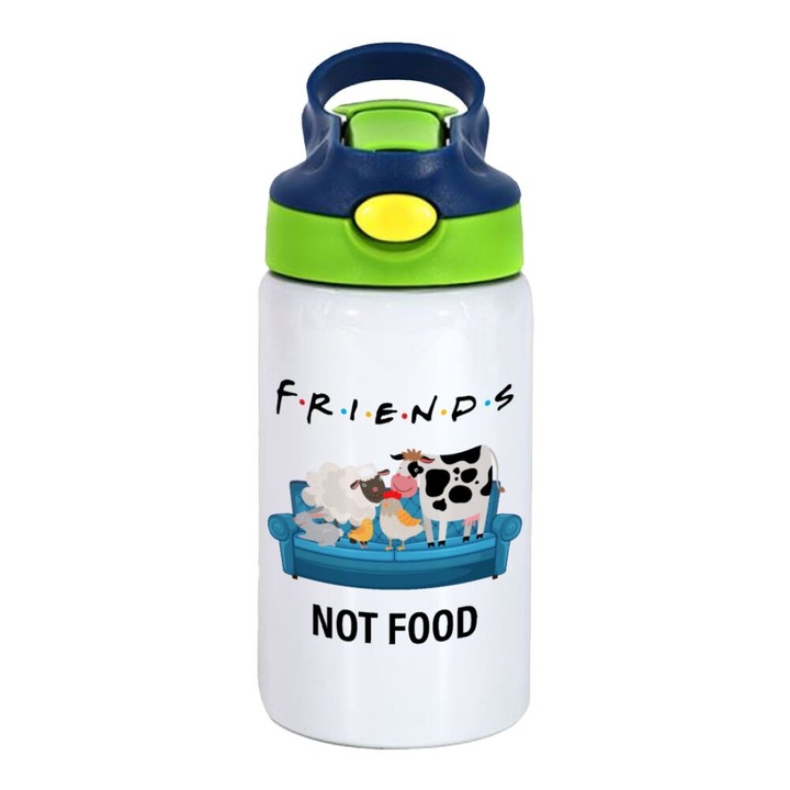 Termos Friends Not Food, Pentru copii, Inox, 350 ml, Capac Verde/Albastru