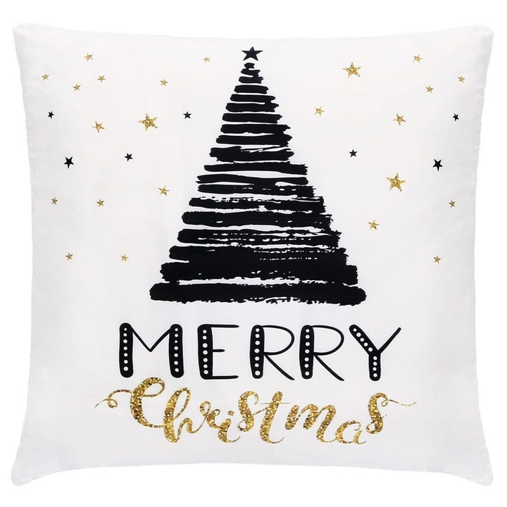Merry Christmas dekoratív párnahuzat, cipzárral, 40 x 40 cm, poliészter, fehér