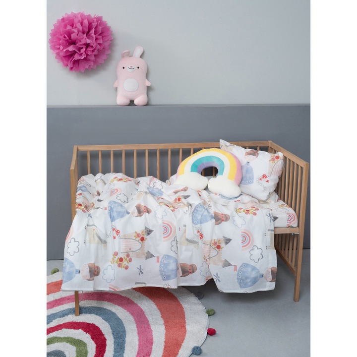 Set Lenjerie patut, Palamaiki, Bumbac, 2 piese, 130 x 170 cm, Model castel, Multicolor