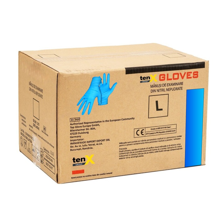 Set 1000 bucati Manusi Unica Folosinta Nitril 100%, TenX, Nepudrate, Culoare Albastru, Marimea L