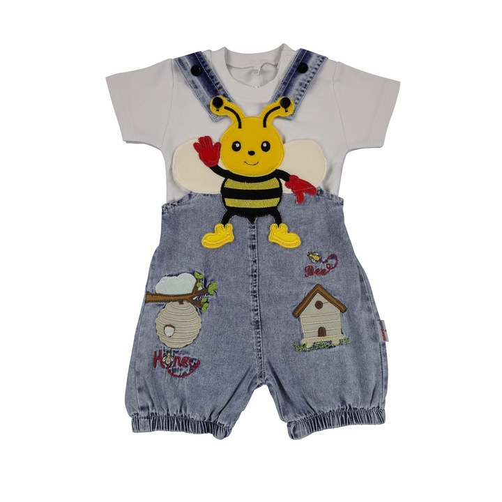 Set Bebelusi "Albinuta" 2 Piese Salopeta Scurta De Blugi Si Tricou 100% Bumbac, Albastru inchis