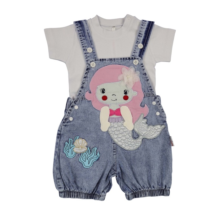 Set Bebelusi "Micuta Sirena" 2 Piese Salopeta Scurta De Blugi Si Tricou 100% Bumbac, Albastru inchis