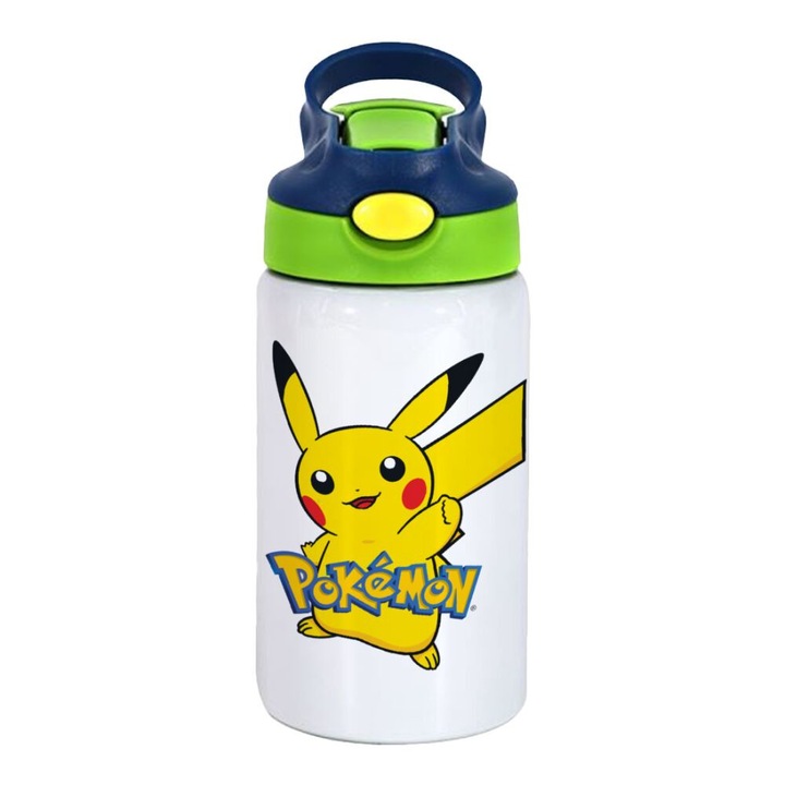 Termos copii, Logo Pokemon, Otel inoxidabil, 350ml, Verde/Alb