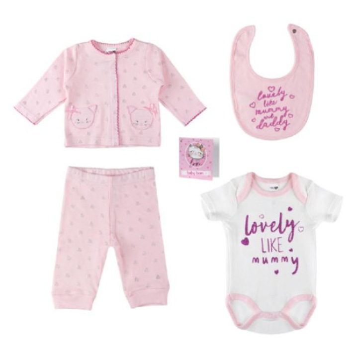 Set Nou-Nascut, Bumbac, 5 Produse, Roz-Alb, 47-53 cm