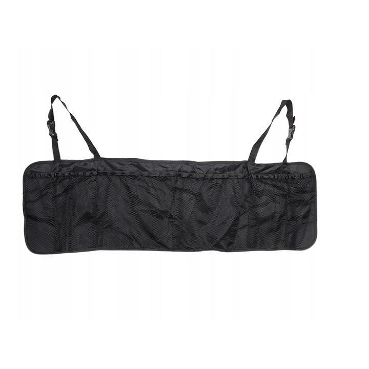 Organizator pentru porbagajul masinii, Zola®, 2 manere pentru tetiere, 5 buzunare cu plasa si 2 obisnuite, negru, fixare velcro, 105x29 cm
