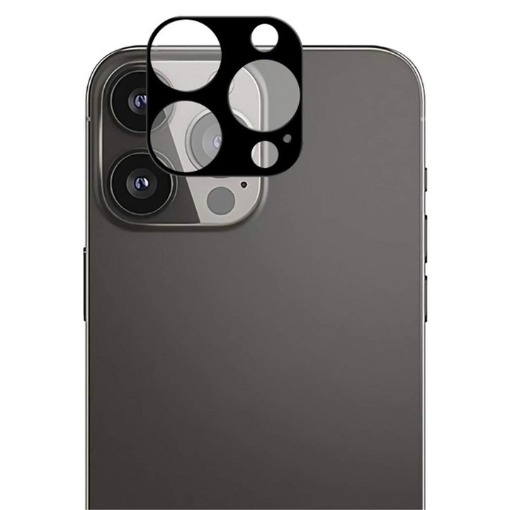 Folie de Protectie Camera pentru Apple Iphone 14 Pro, Glass Tempered, Ultra Protection, Full Glue, Instalare usoara, Negru