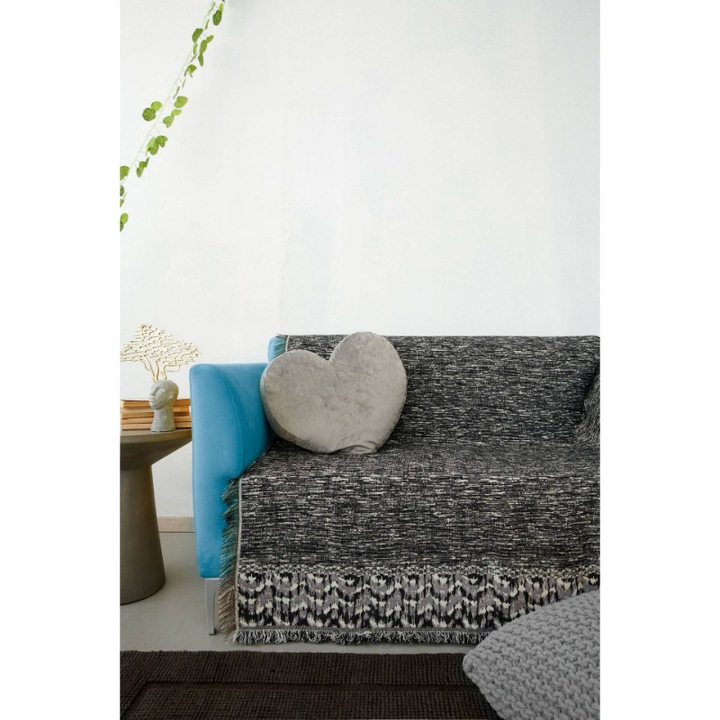 Cuvertura de canapea Palamaiki, 180 x 300 cm, Bumbac, Poliester, Gri, Negru