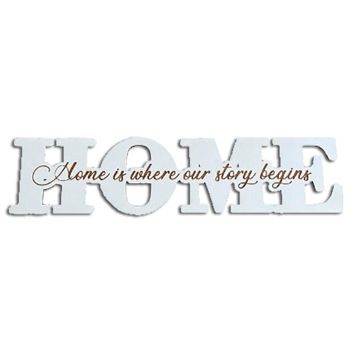 Decoratiune “Home” mesaj gravat, interior, lemn alb, Artemis Gift