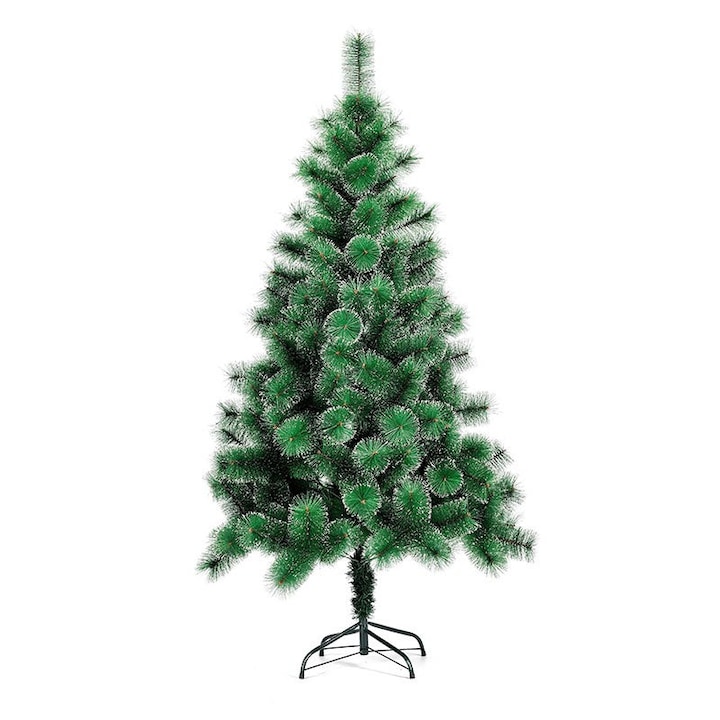 Zöld Flippy műfenyő, 150 cm.magas, beltérre/kint állítható, hószórással díszített karácsonyfa, fém tartótalppal
