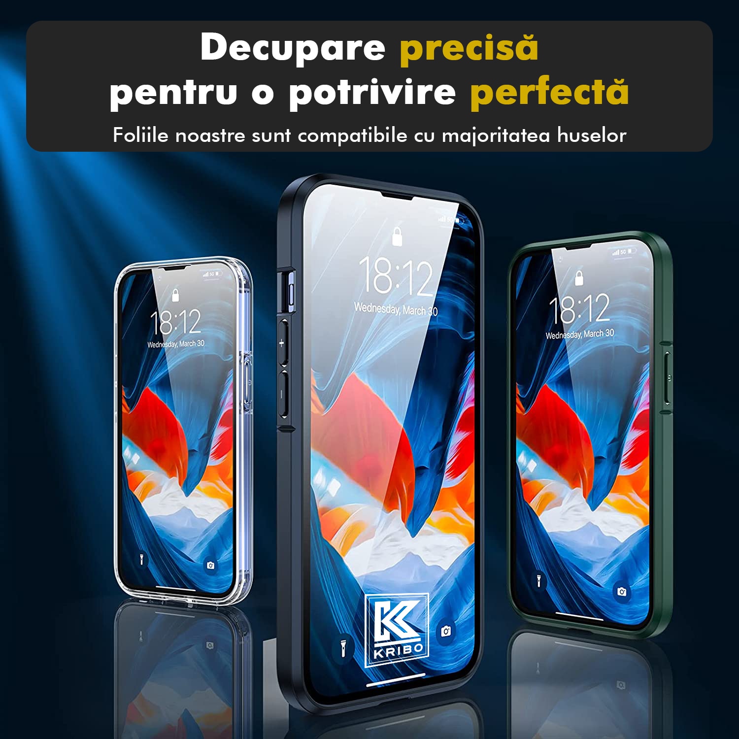 Folie Sticla Kribo, Premium Fit, pentru Apple iPhone 14 Plus / 13 Pro Max, Transparenta HD, Protectie Ecran Premium, Full Cover, Full Glue
