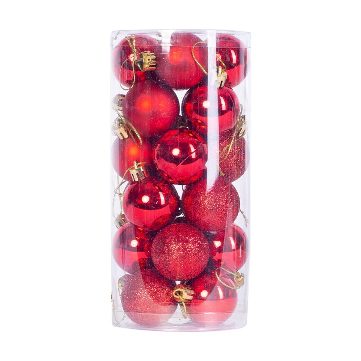 Set 24 Globulete de Craciun rosu, 3 cm