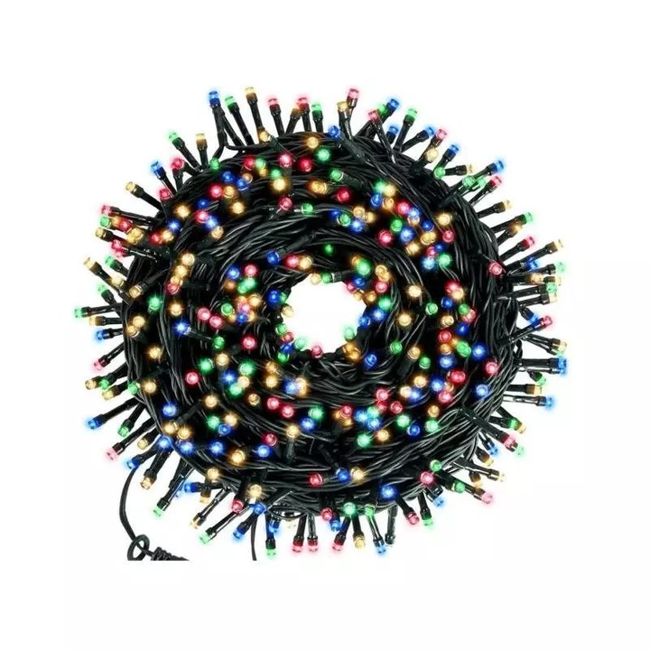 Instalatie De Craciun Liniara SIKS, 30 m, 400 LED -uri, Cu 8 jocuri de lumini, Pentru Exterior/Interior, Fir Verde Inchis, Multicolora