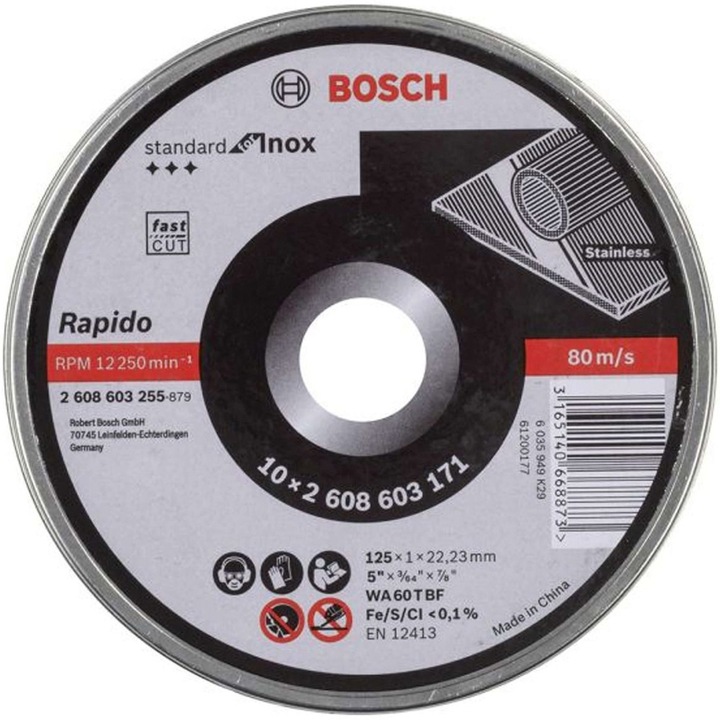 Set de 10 discuri de taiere Standard pentru Inox Bosch Rapido 2608603255, 125 x 1 mm diametru , cutie metalica