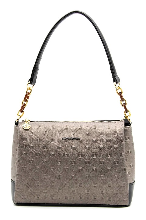 Silver&Polo, Geanta din piele ecologica cu bareta de umar si model logo in relief, Auriu antichizat, Negru