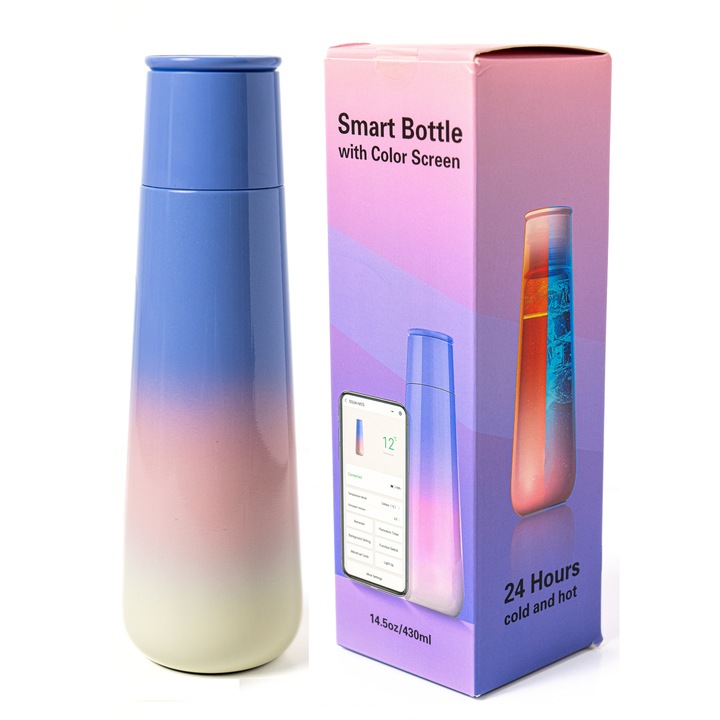 Termos inteligent PetraBliss cu ecran personalizabil LCD, Comutare tactila, Afisaj temperatura si timp, Monitorizare consum apa si alarma prin aplicatie dedicata, Sticla smart