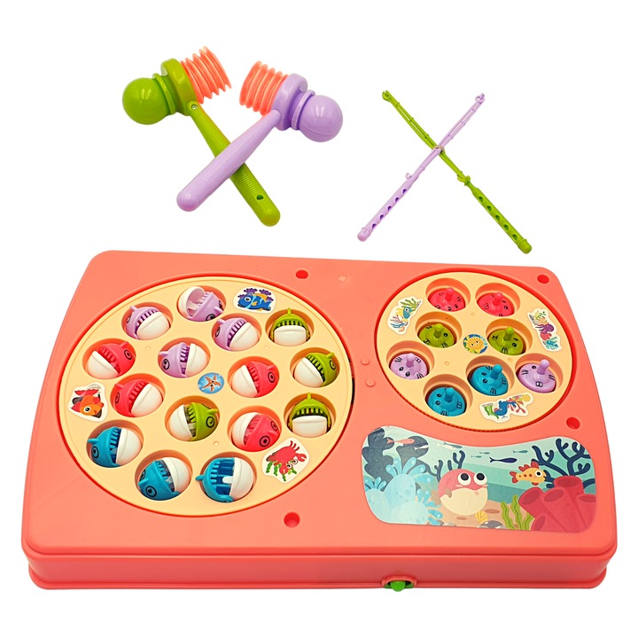 Set Interactiv 2 in 1, Joc Pescuit cu 15 Pestisori si 2 Undite, Joc Whack A Mole cu 8 Cartite si 2 Ciocanele, Cadru Rotativ, Sunete, 28x18x4 Cm, Roz, + 3 Ani, Utility One