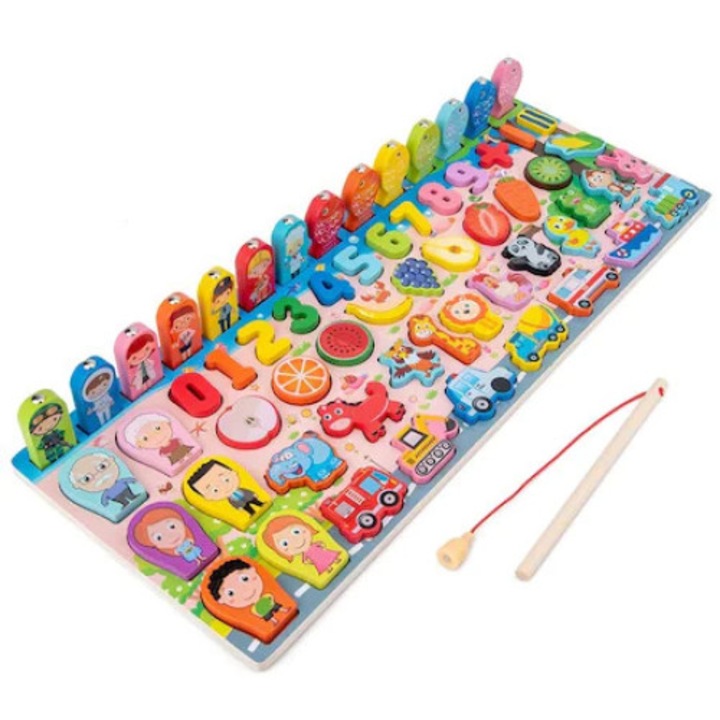 Joc educativ logaritmic Montessori din lemn, membri familiei, in limba Romana 6 in 1, multicolor, Picodino®