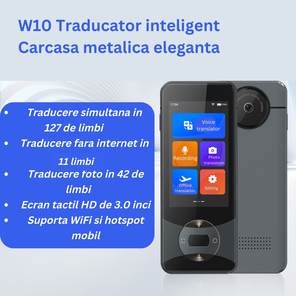 Dependence What Reverse Traducator AI W10 portabil, 127+ limbi, ecran tactil 3'', traducere foto,  vocala si scrisa, 11 limbi offline, 1500 mAh, Negru - eMAG.ro