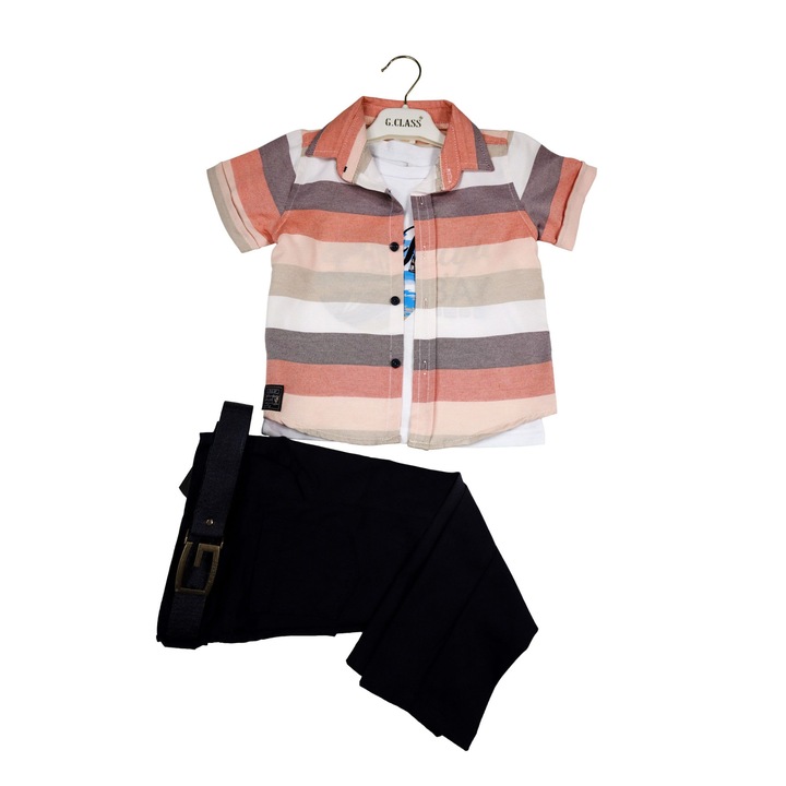 Compleu Baieti Elegant " Pacific Bay" 4 Piese Camasa Maneca Scurta,Tricou, Pantaloni Lungi Si Curea, Portocaliu