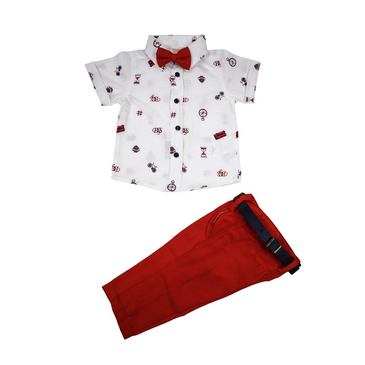 Compleu Baieti Elegant "Luke" 4 Piese Camasa Maneca Scurta,Pantaloni Lungi,Curea Si Papion, Rosu