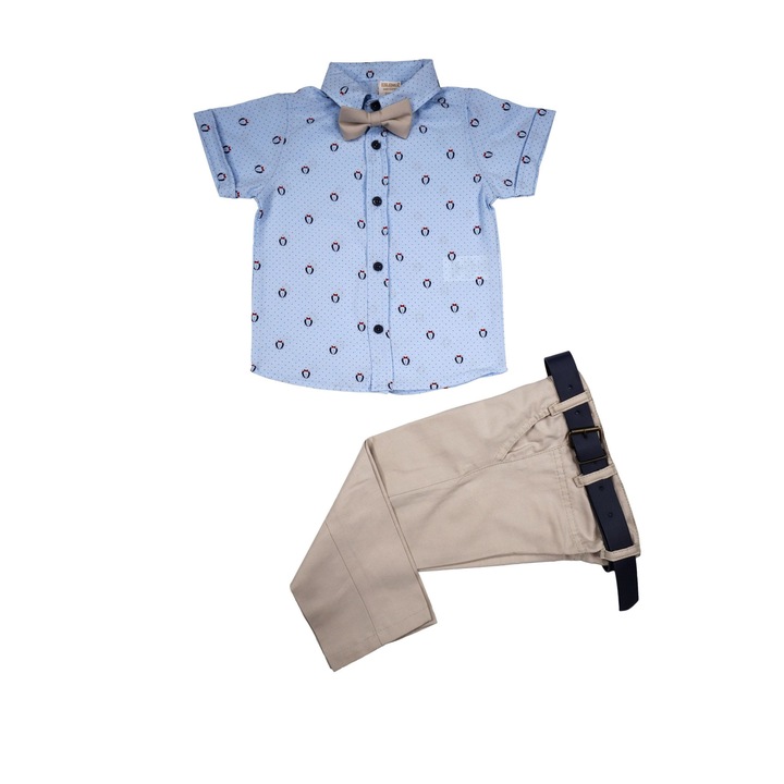 Compleu Baieti Elegant "David" 4 Piese Camasa Maneca Scurta,Pantaloni Lungi,Curea Si Papion, Albastru deschis