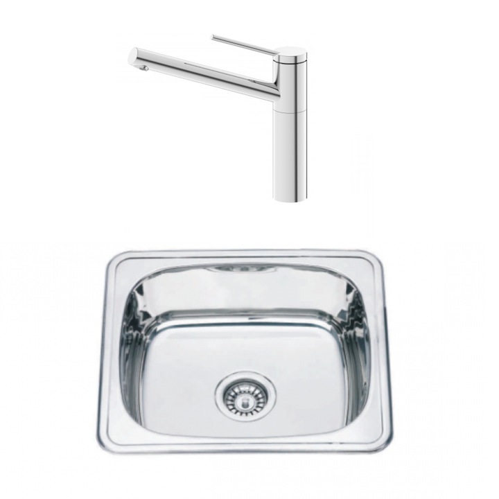 Set chiuveta de bucatarie, Inter Ceramic, Lux Kitchen Line ICF 7187186, Incorporat, Fara scurgere, 48 x 42 cm, 2 piese, Crom