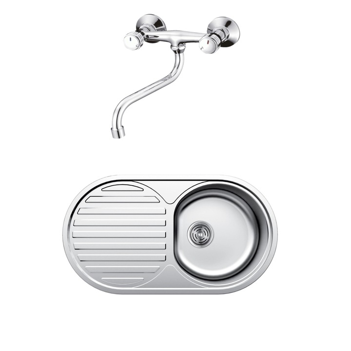 Set chiuveta de bucatarie Inter Ceramic Quick, Incorporat, Cu blat, Reversibila, 79 x 44 cm, 2 piese, Crom